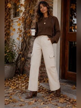 Wide Leg Cargo Pants in Cream - 700